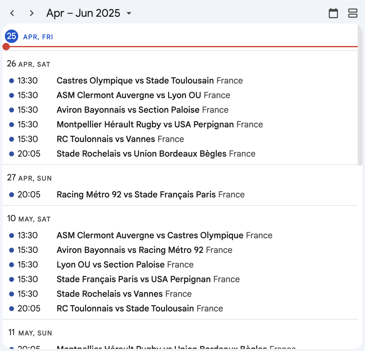 Top 14 Rugby fixtures displayed in Google Calendar